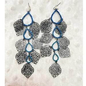 Oxidized Silver Filigree & Cascading Blue Tear Drop Crystal Danle Earrings-NEW